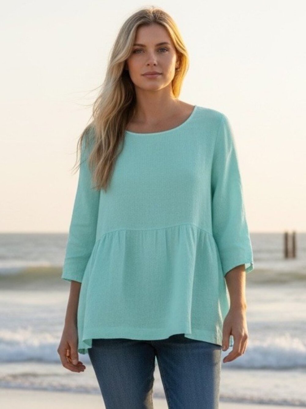 Pure Jill J Jill Womens Large Aqua Linen Blend Tunic Top 3/4 Sleeve Casual